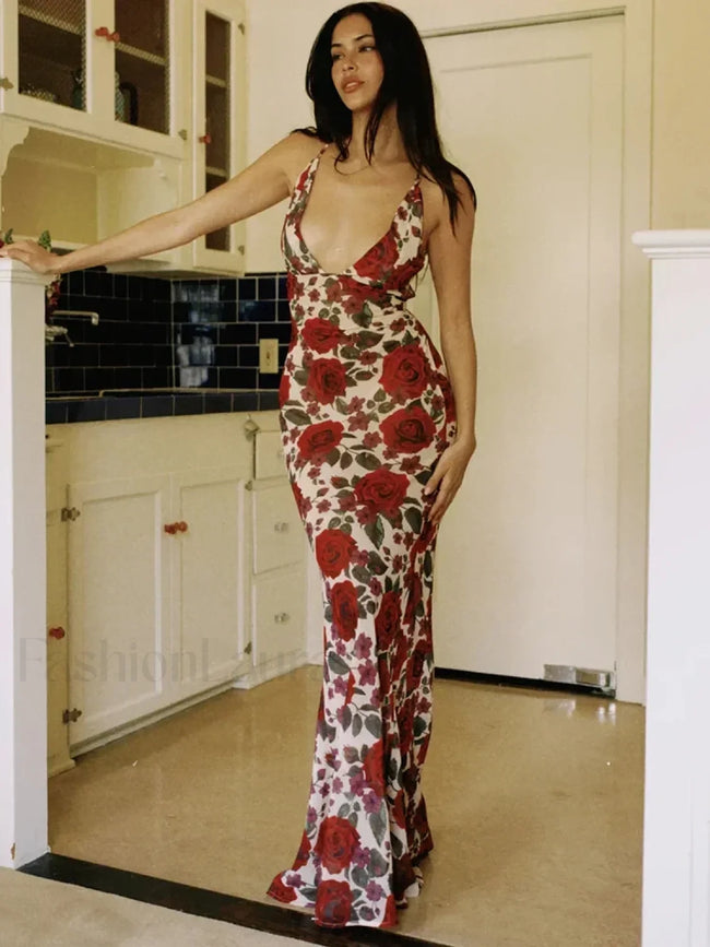 Printed Lace Up Maxi Dress Red / L Main image