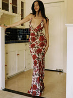 Printed Lace Up Maxi Dress Red / L