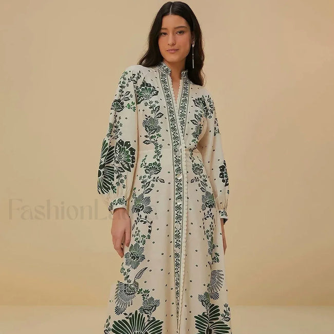 Printed Long Sleeve Boho Dress green / S Main image
