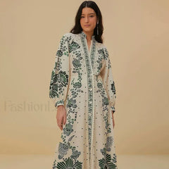 Printed Long Sleeve Boho Dress green / S