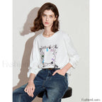 Printed Round Neck Cotton Long T Shirt