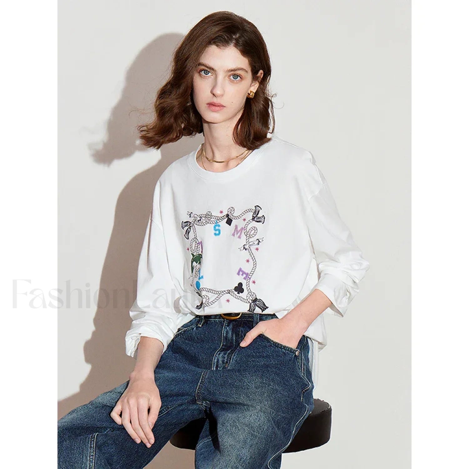 Printed Round Neck Cotton Long T-Shirt Secondary image