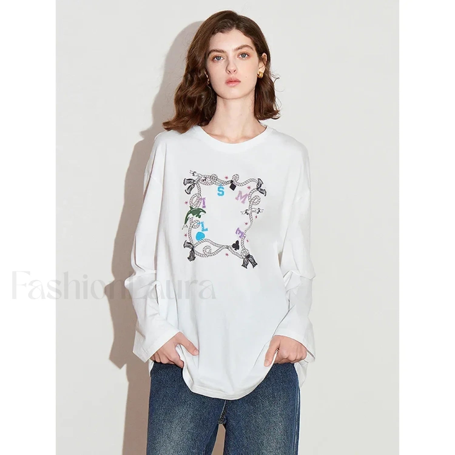 Printed Round Neck Cotton Long T Shirt Beige / S Main image