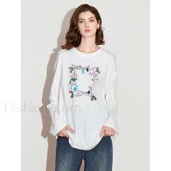 Printed Round Neck Cotton Long T Shirt Beige / S