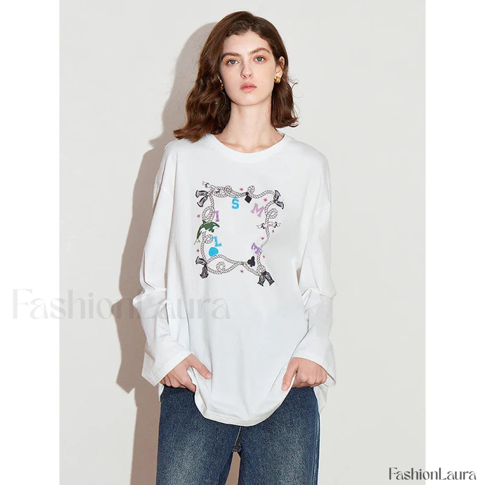 Printed Round Neck Cotton Long T Shirt Beige / S