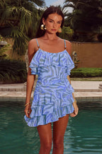 Printed Ruffle Edge Strappy Vacation Floral Dress Blue / S