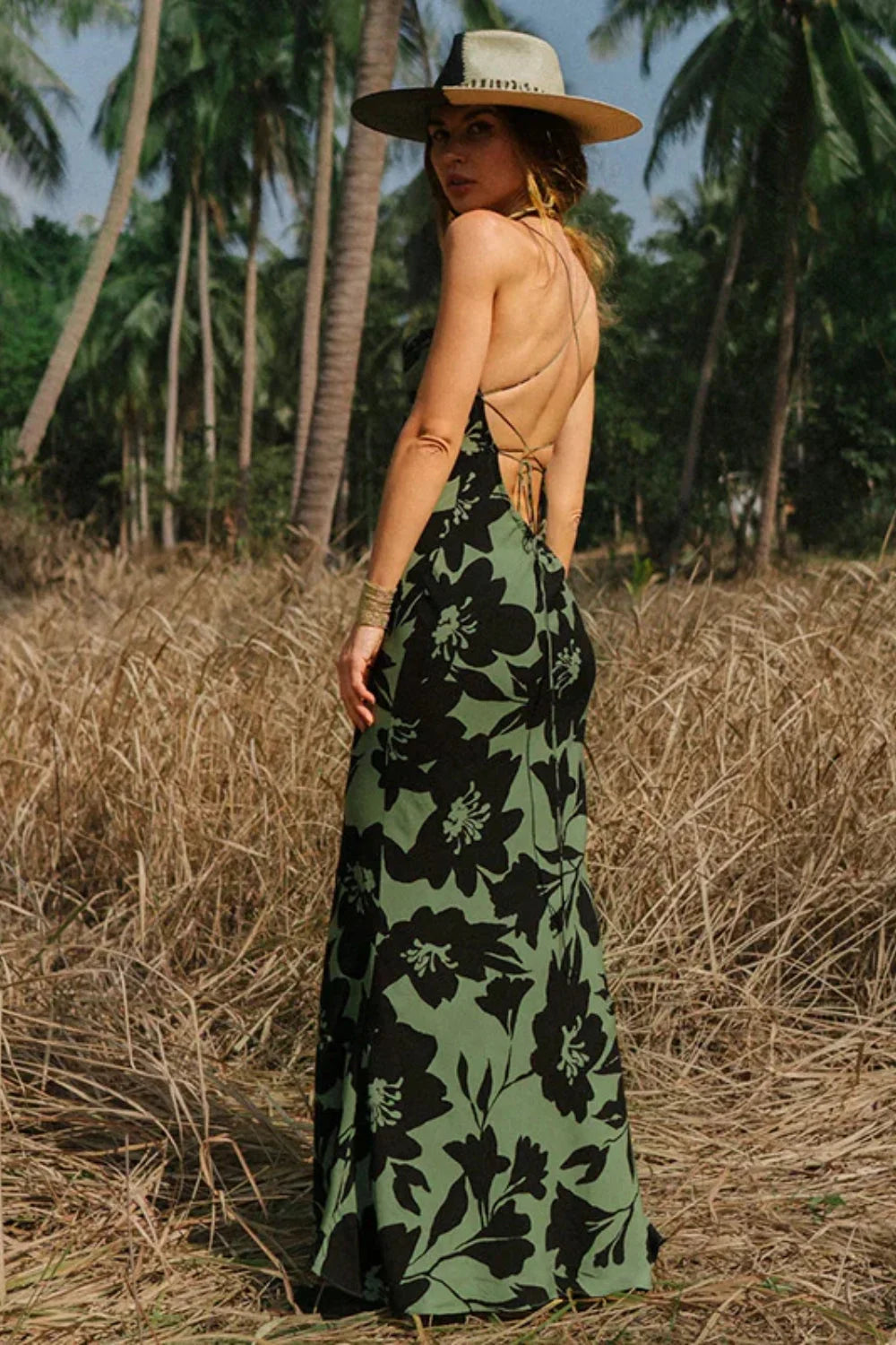 Printed Sexy Halter Strappy Spice Girl Floral Dress Green / S Main image