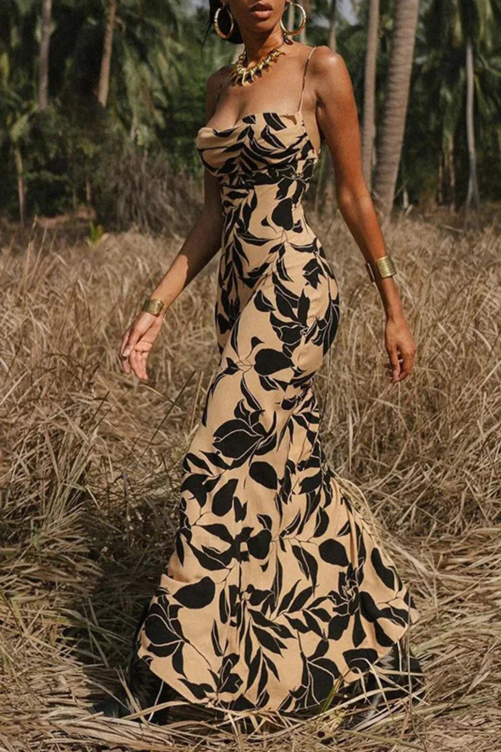 Printed Sexy Halter Strappy Spice Girl Floral Dress Khaki / XS