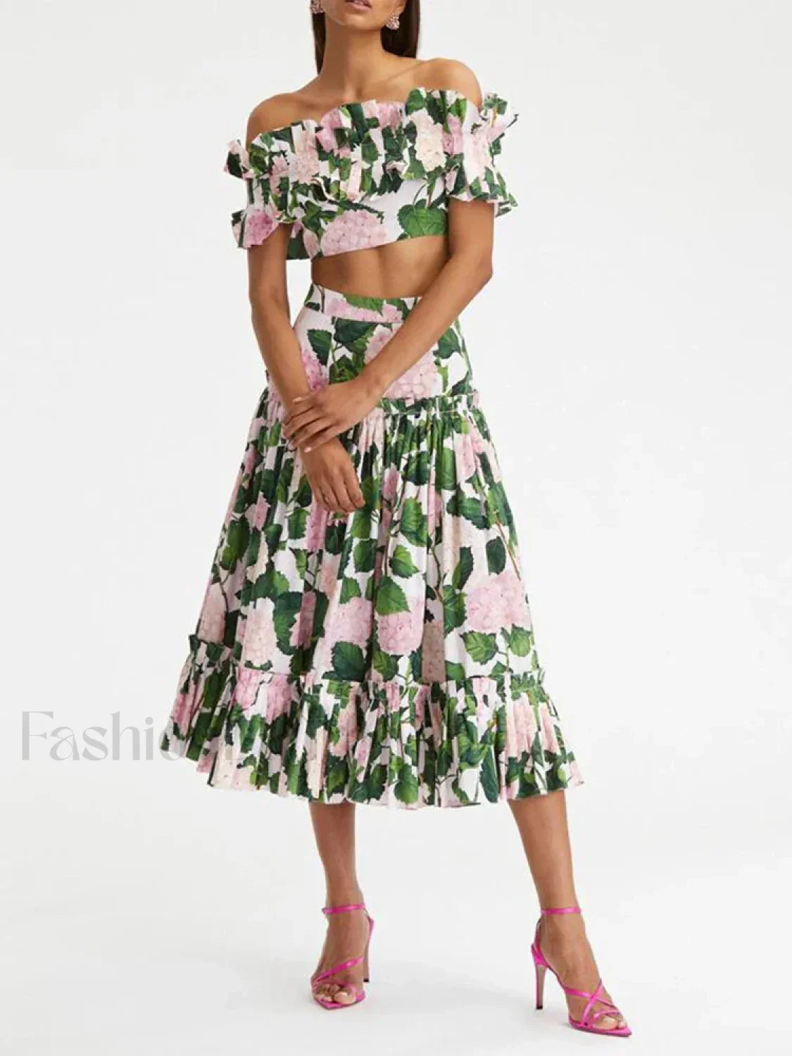 Printed Sleeveless Pleated Skirt Two Piece Set WHITE / S Main image
