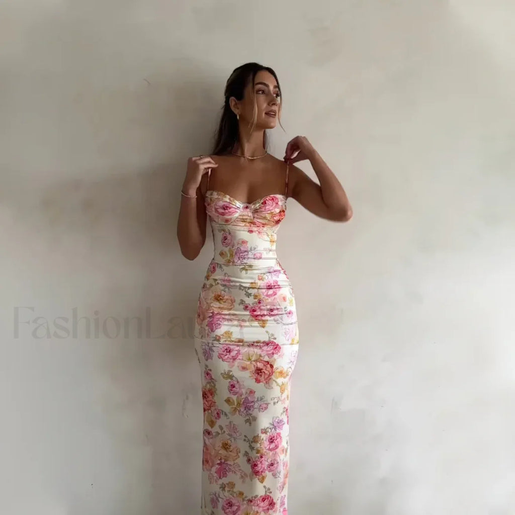 Printed Slim Sling Floral Dress pink / S