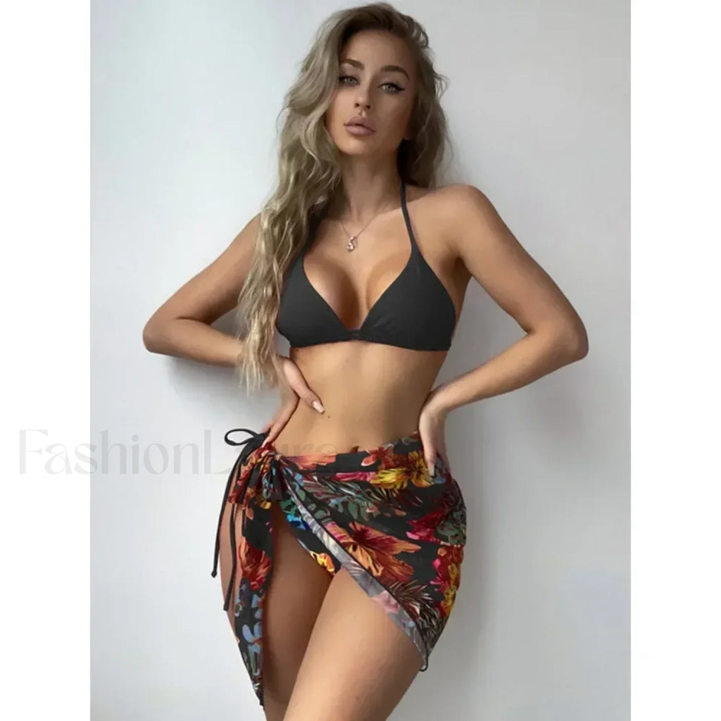 Printed Split Chic Three Piece Set Black / S