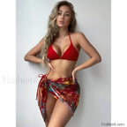 Printed Split Chic Three Piece Set Red / S
