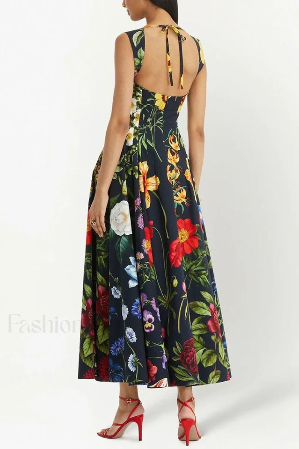 Printed Tie Back Stylish Cotton Blend Midi Dress