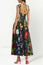 Printed Tie Back Stylish Cotton Blend Midi Dress