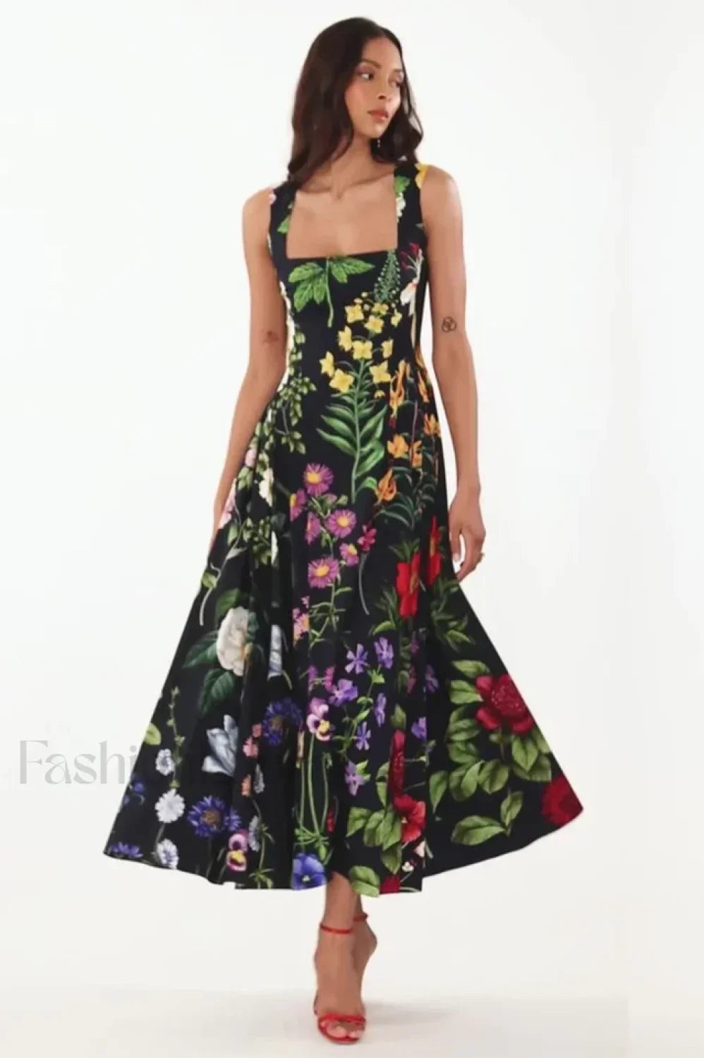 Printed Tie Back Stylish Cotton Blend Midi Dress S / Floral Main image