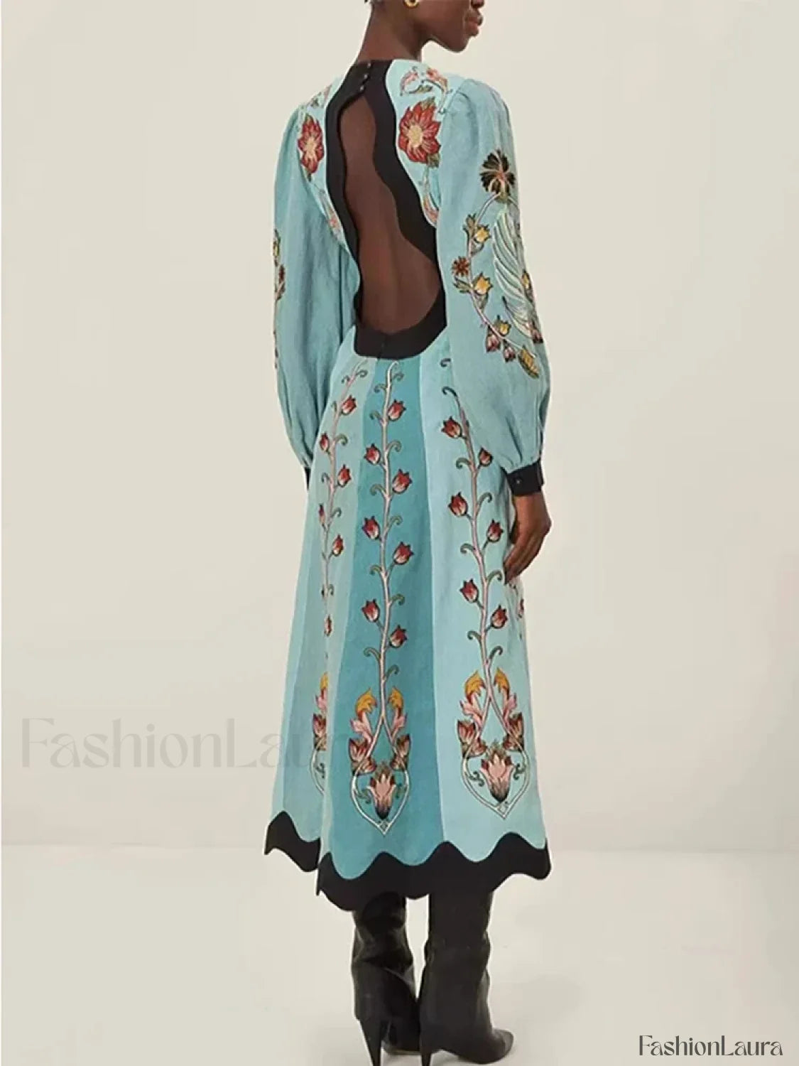 Printed Trumpet Sleeve Boho Dress