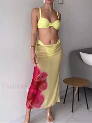Printed Underwired Skirt Three Piece Set Yellow Print / S