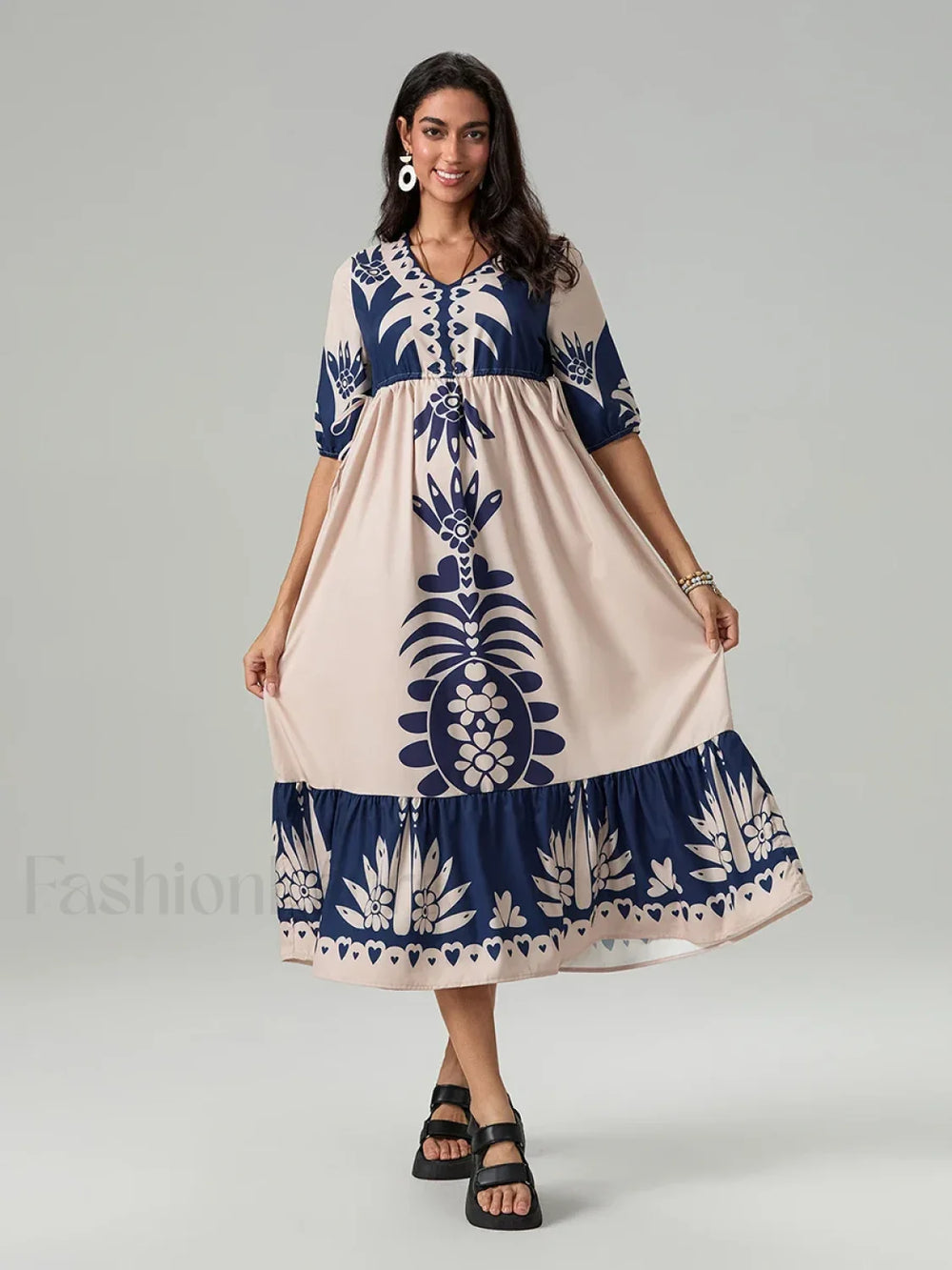 Printed V Neck Summer Boho Dress
