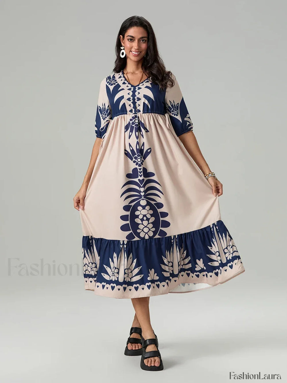 Printed V Neck Summer Boho Dress