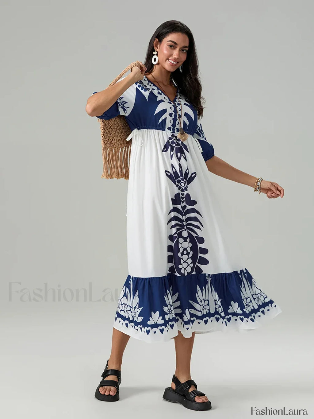 Printed V Neck Summer Boho Dress