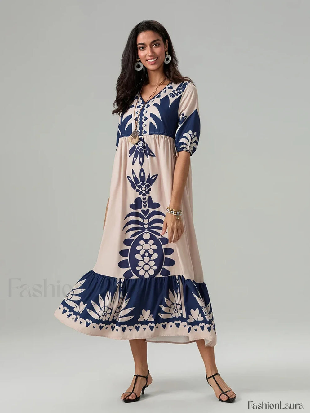 Printed V Neck Summer Boho Dress Beige / S