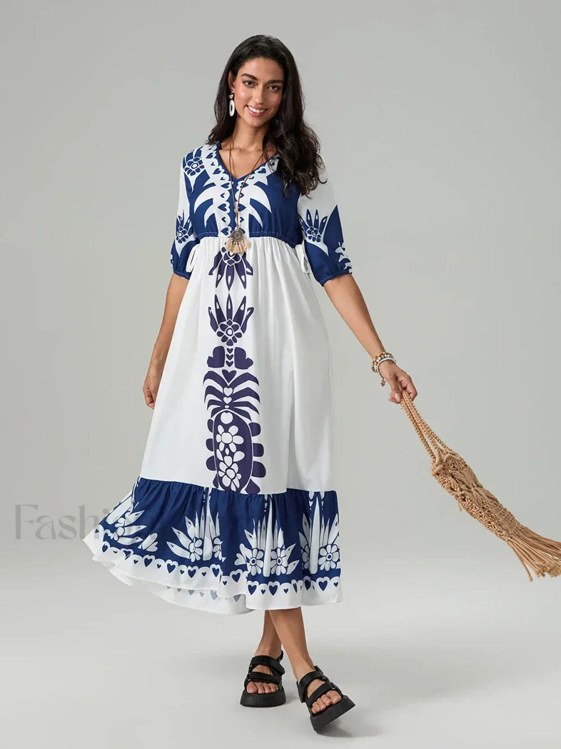 Printed V Neck Summer Boho Dress WHITE / S Main image