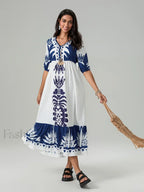 Printed V Neck Summer Boho Dress WHITE / S