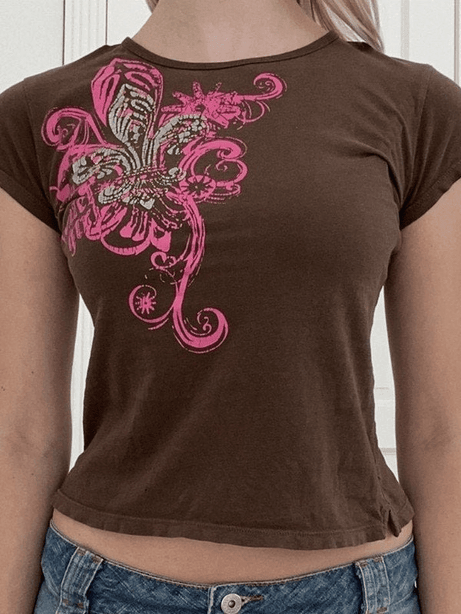 Printed Vintage Y2K Baby Tee Brown / S Tops&Tees Main image