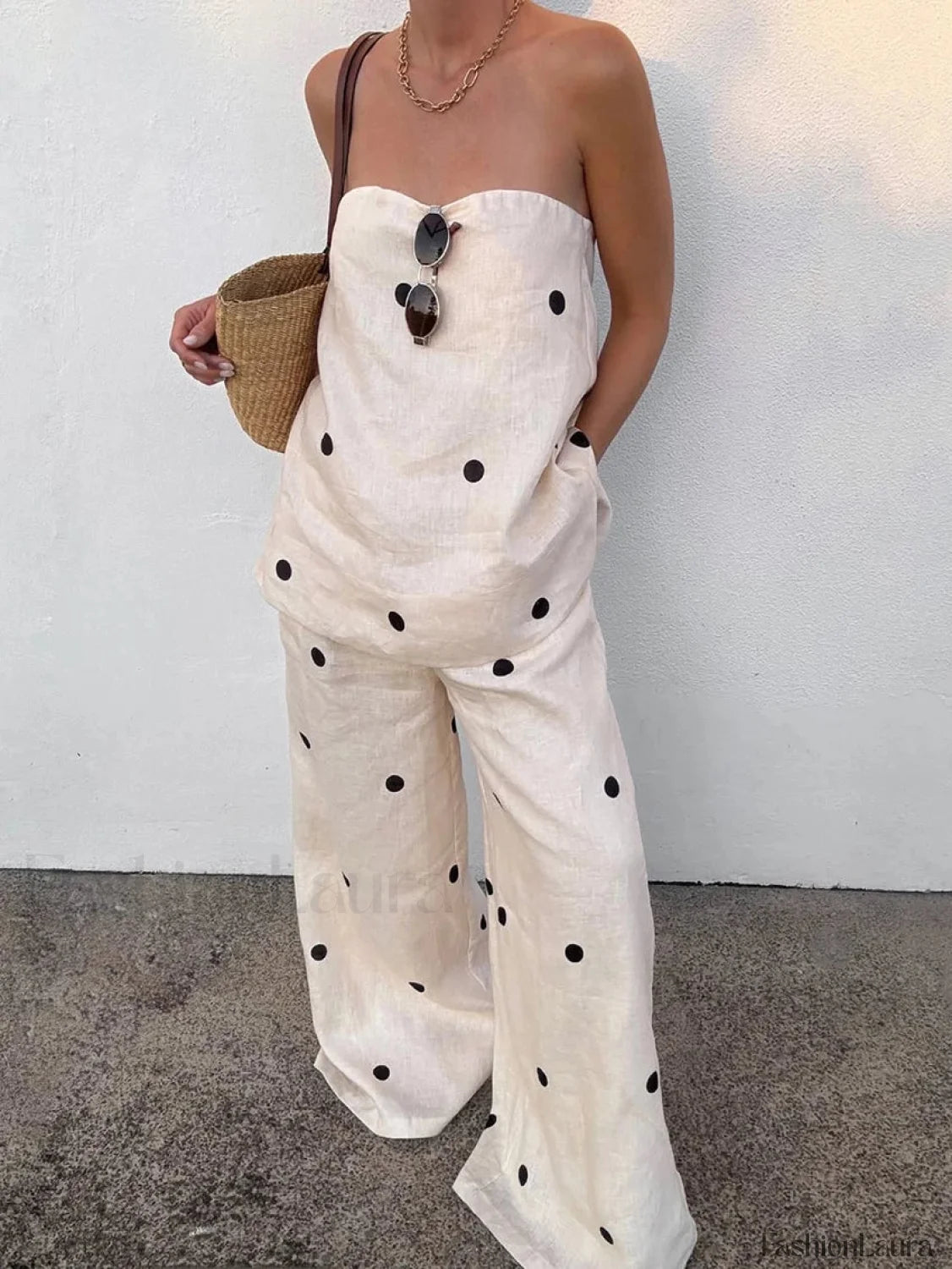 Printing Backless Sleeveless Pants Two Piece Set Beige / S