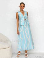 Printing Crop Skirt Pajama Two Piece Set Blue / S