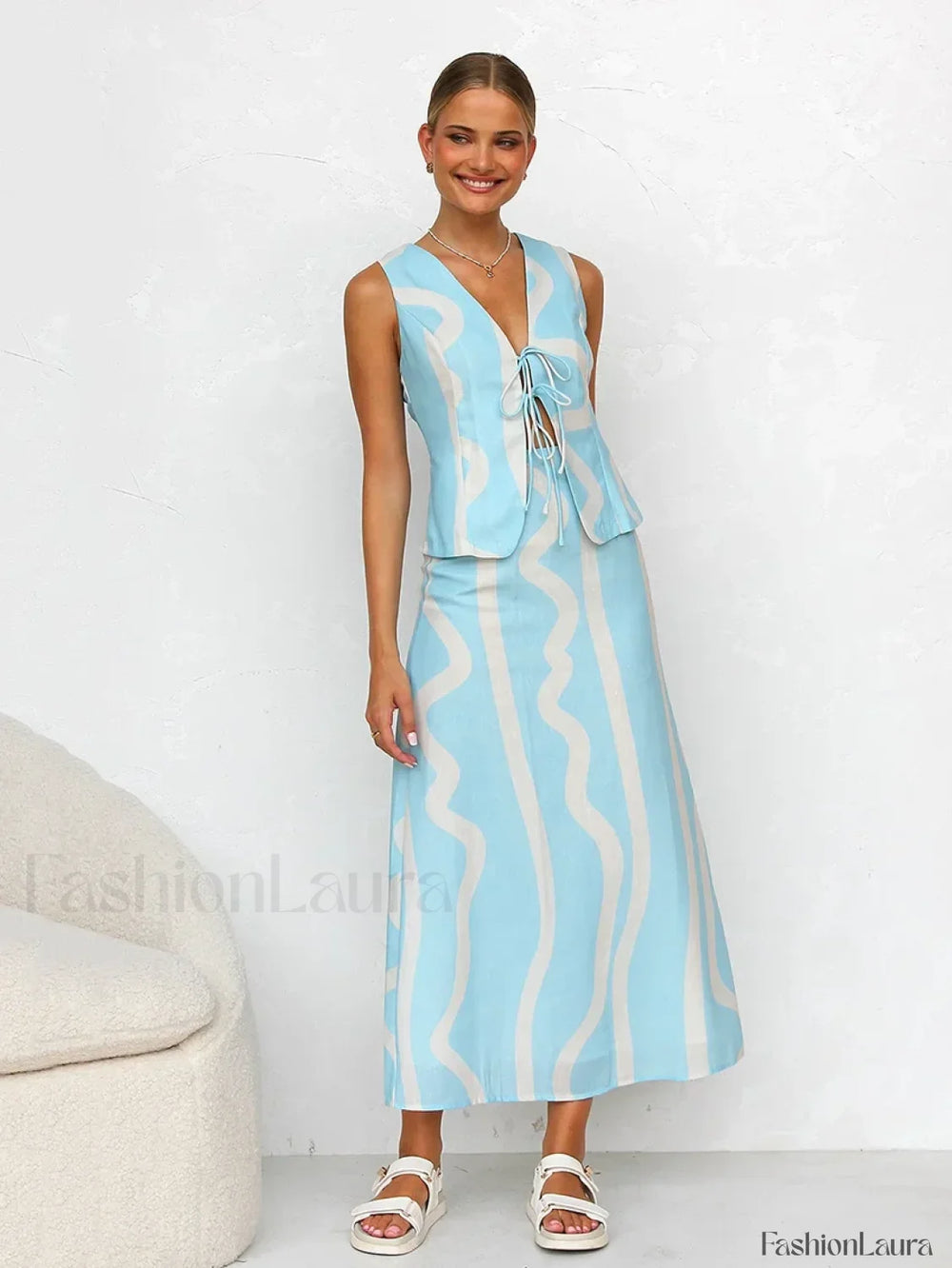 Printing Crop Skirt Pajama Two Piece Set Blue / S