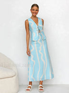 Printing Crop Skirt Pajama Two Piece Set Blue / S