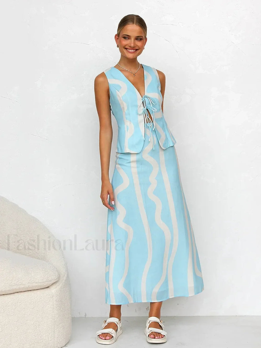 Printing Crop Skirt Pajama Two Piece Set Blue / S