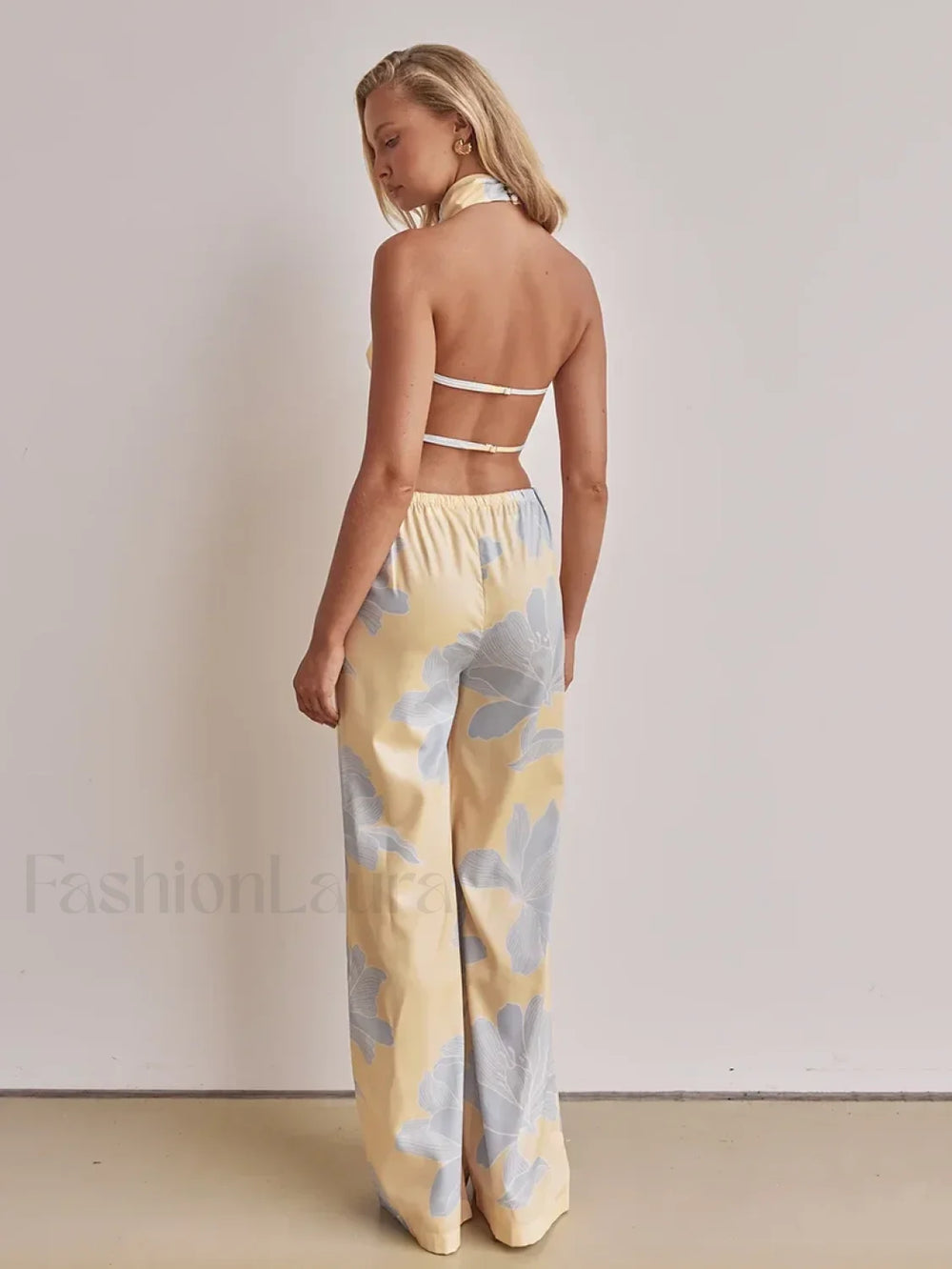 Printing Halter Backless Pants Two Piece Set