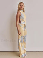 Printing Halter Backless Pants Two Piece Set