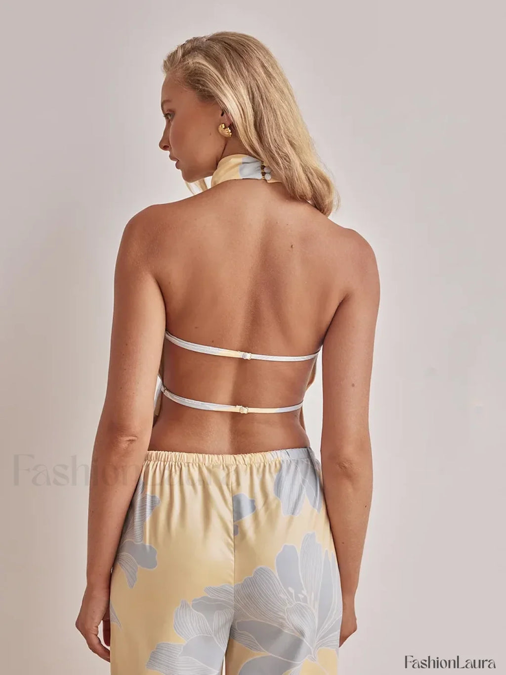 Printing Halter Backless Pants Two Piece Set