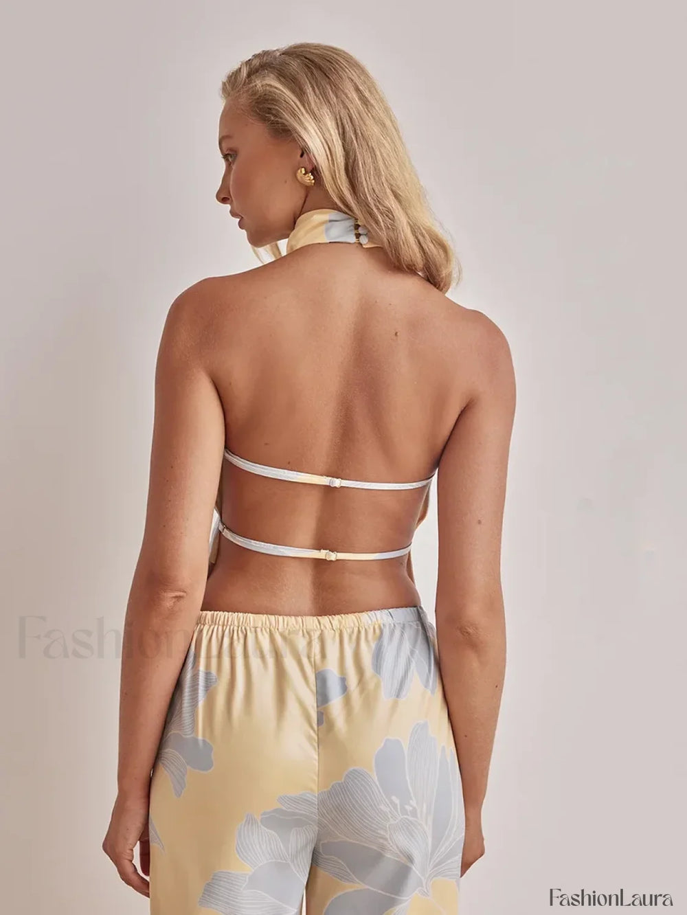 Printing Halter Backless Pants Two Piece Set