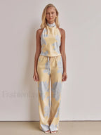 Printing Halter Backless Pants Two Piece Set Yellow / S