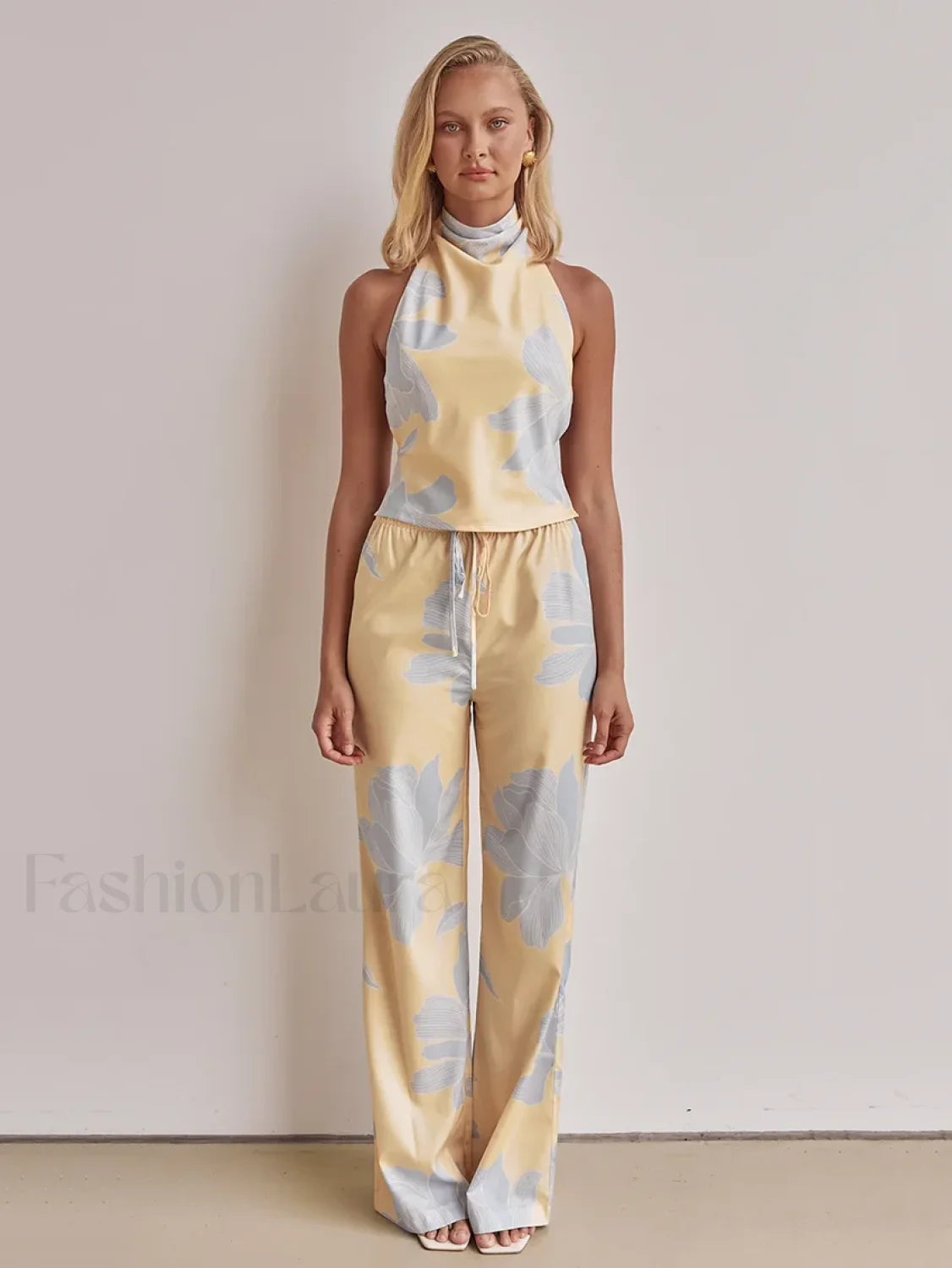Printing Halter Backless Pants Two Piece Set Yellow / S