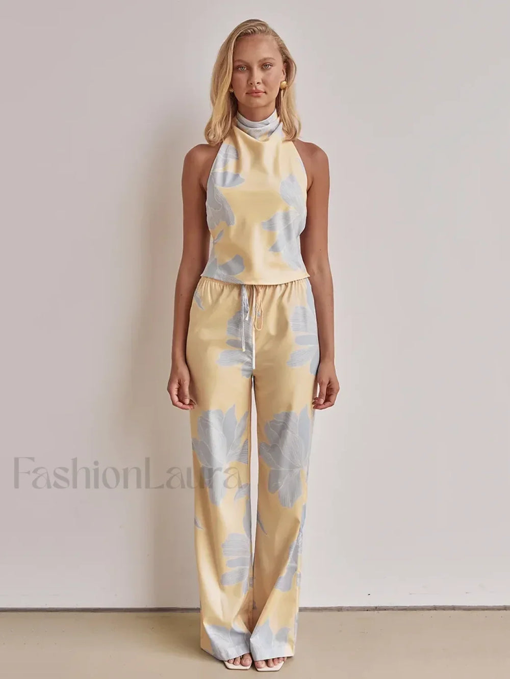 Printing Halter Backless Pants Two Piece Set Yellow / S