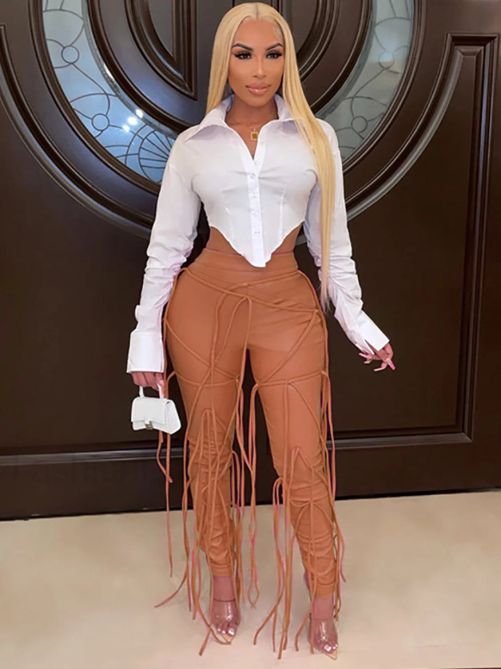 PU Strap High Waist Skinny Pants Khaki / M Pants