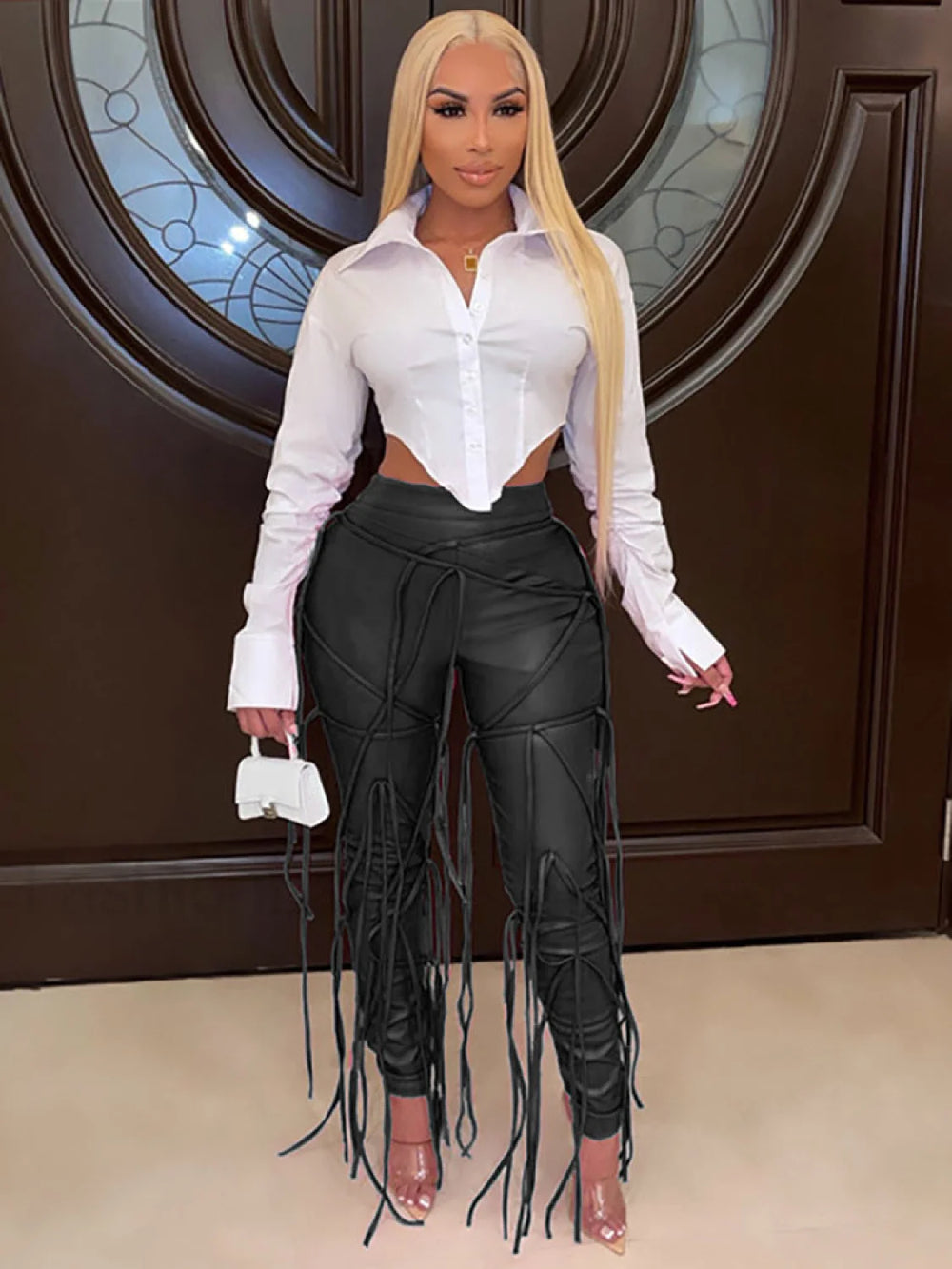 PU Strap High Waist Skinny Pants Black / M Pants