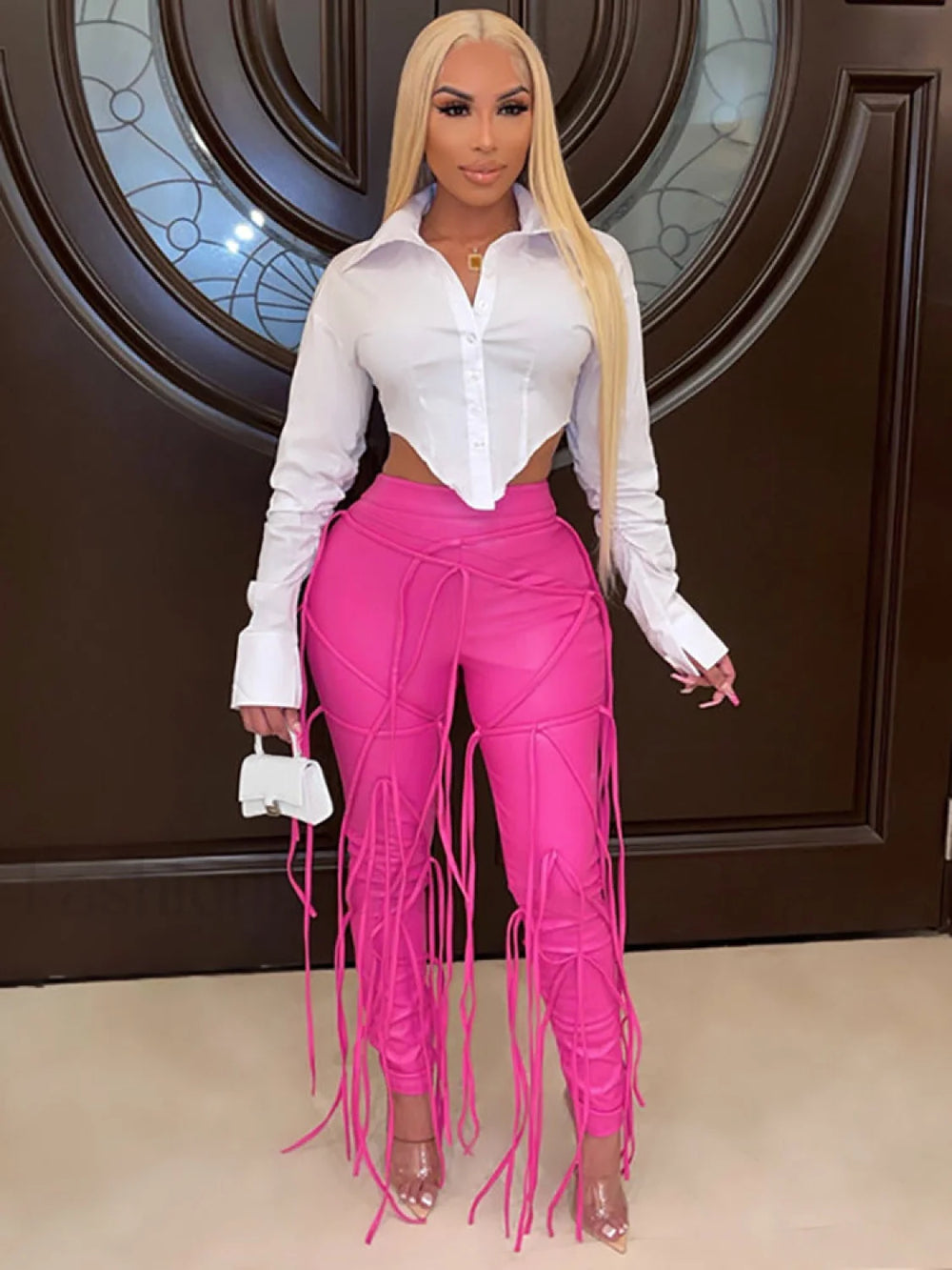 PU Strap High Waist Skinny Pants Rose / M Pants