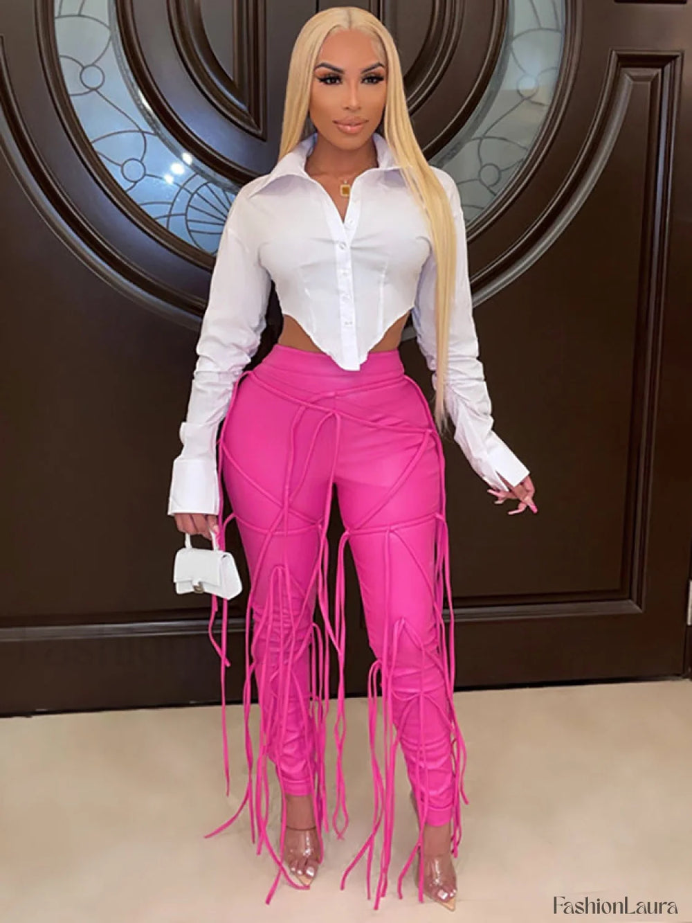 PU Strap High Waist Skinny Pants Rose / M Pants