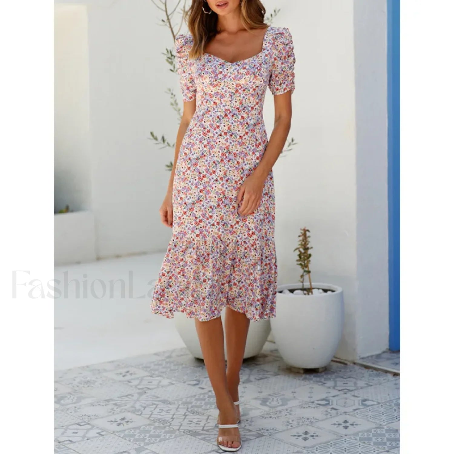 Puff Sleeve Back Tie Midi Dress
