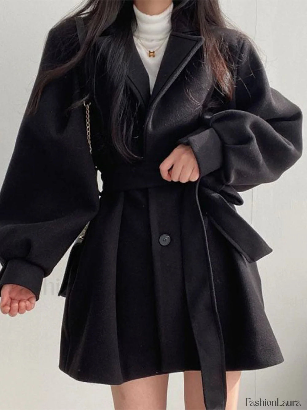 Puff Sleeve Belted Woolen Coat Black / S Coat