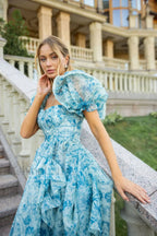 Puff Sleeve Floral Charming Organza Layered Split Dress
