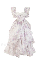 Puff Sleeve Floral Charming Organza Layered Split Dress