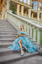 Puff Sleeve Floral Charming Organza Layered Split Dress