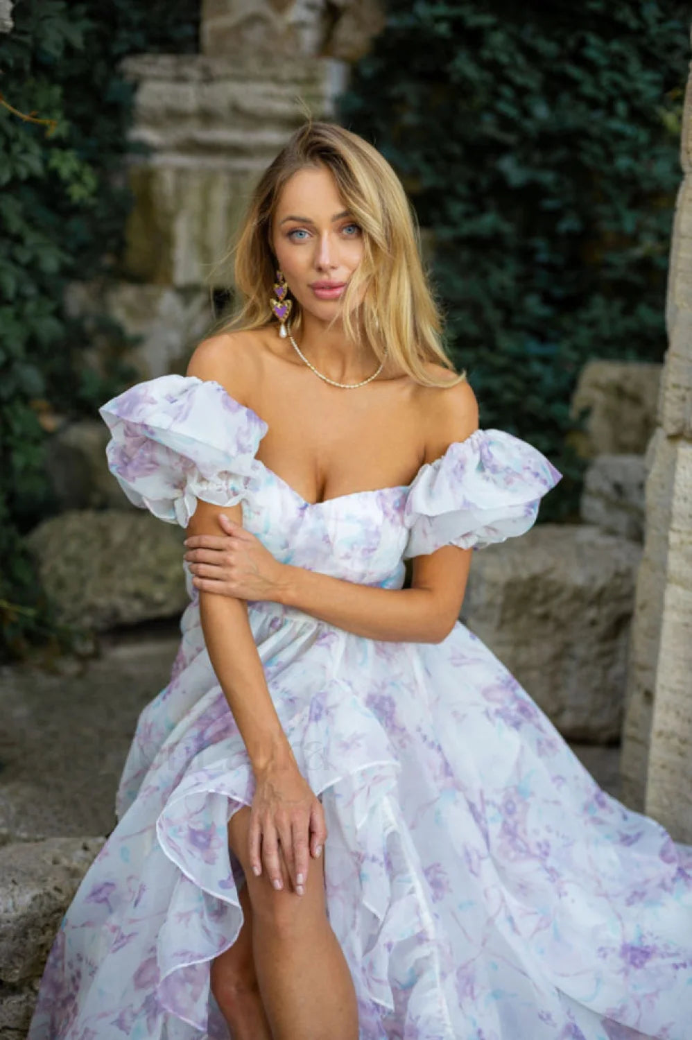 Puff Sleeve Floral Charming Organza Layered Split Dress